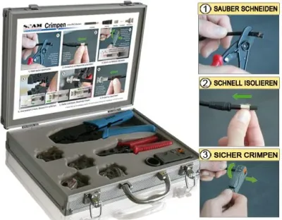 Crimp-Set für Koaxstecker im Servicekoffer, 5teiliger Crimp Satz / Kabelschneider, Abisolierw. ,Crimpzange